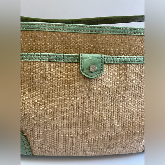 Vtg Y2K Etienne Aigner woven straw handbag with lime green vegan leather straps - Picture 3 of 16
